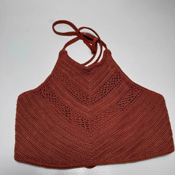 Xhilaration Crochet High Neck Bikini Top buen Orange Strappy Back Swimwear Sz XL - Picture 2 of 5